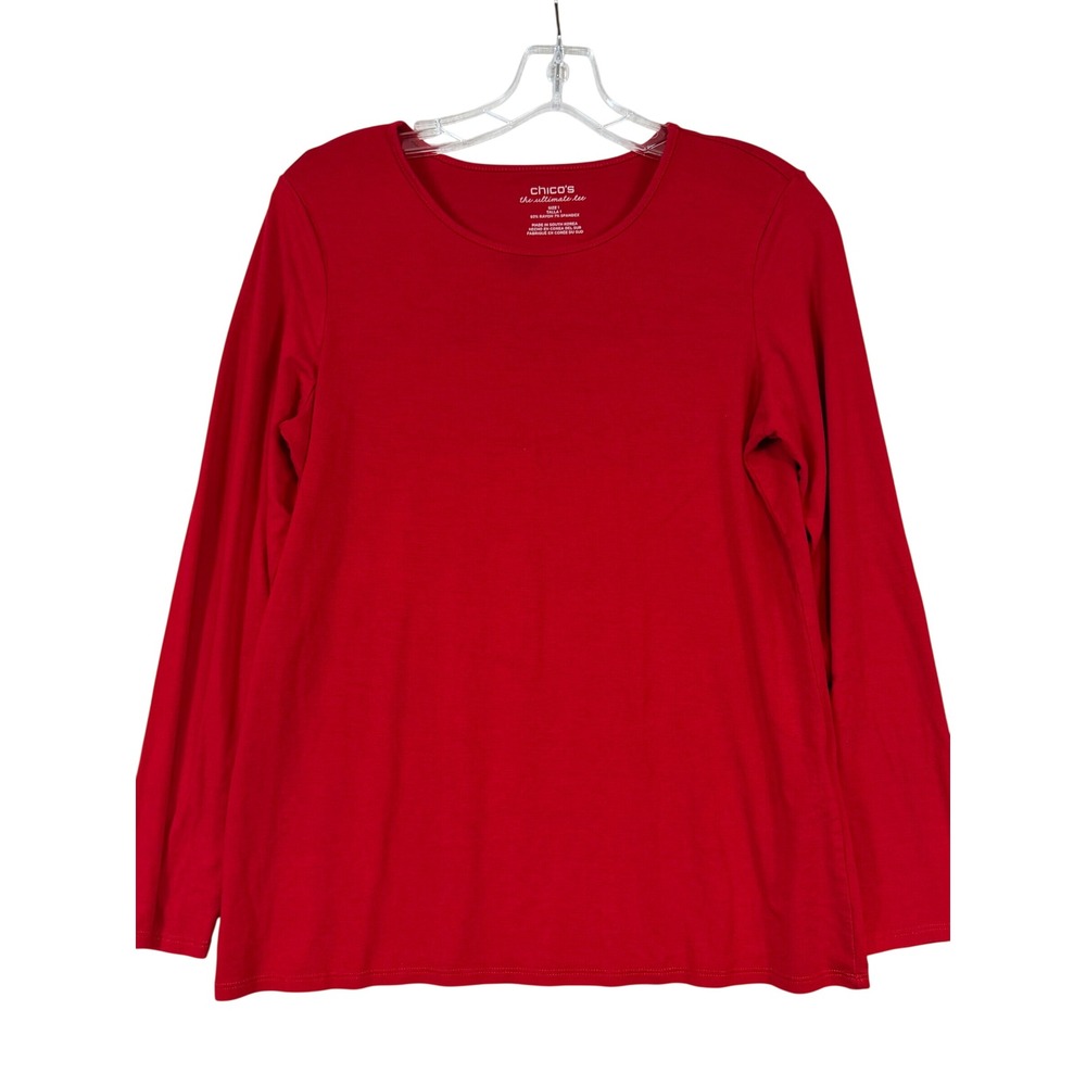 Chicos The Ultimate Tee Womens Size 1 Red Long Sleeve Crew Neck Layering Classic